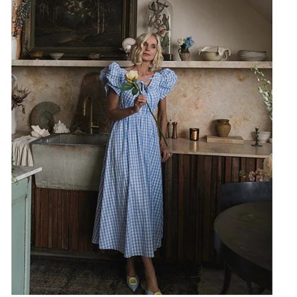 Light Blue Gingham Puff-Sleeve Maxi Dress